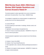RDA Review Exam 2024 | RDA Exam  Review 2024 Update Questions and  Correct Answers Rated A+ | Verified RDA  Exam Update 2024 Quiz with Accurate Solutions Aranking Allpass