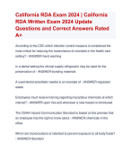 California RDA Exam 2024 | California  RDA Written Exam 2024 Update  Questions and Correct Answers Rated  A+ | Verified California RDA Actual Exam Update 2024  Quiz with Accurate Solutions Aranking Allpass