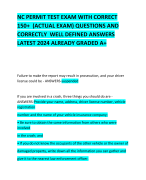 NC PERMIT TEST EXAM WITH CORRECT 150+  (ACTUAL EXAM) QUESTIONS AND CORRECTLY  WELL DEFINED ANSWERS LATEST 2024 ALREADY GRADED A+ 