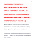 MASSACHUSETTS PESTICIDE APPLICATOR RIGHT OF WAY EXAM LATEST 2024 ACTUAL EXAM ALL 100 QUESTIONS AND CORRECT DETAILED ANSWERS WITH RATIONALES (VERIFIED ANSWERS ALREADY GRADED A+)