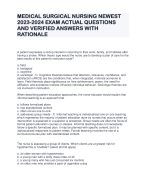 MEDICAL SURGICAL NURSING NEWEST   2023-2024 EXAM ACTUAL QUESTIONS  AND VERIFIED ANSWERS WITH  RATIONALE