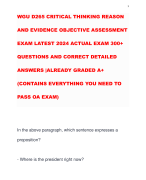 WGU D265 CRITICAL THINKING REASON AND EVIDENCE OBJECTIVE ASSESSMENT EXAM LATEST 2024 ACTUAL EXAM 300+ QUESTIONS AND CORRECT DETAILED ANSWERS |ALREADY GRADED A+ (CONTAINS EVERYTHING YOU NEED TO PASS OA EXAM)