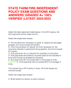 STATE FARM FIRE INDEPENDENT  POLICY EXAM QUESTIONS AND  ANSWERS |GRADED A+ 100%  VERIFIED |LATEST 2022/2023