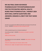 NR 546 FINAL EXAM ADVANCED PHARMACOLOGY PSYCHOPHARMACOLOGY FOR THE PSYCHIATRIC-MENTAL HEALTH NURSE PRACTITIONER ACTUAL / NEWEST 2024 WITH WELL SORTED QUESTIONS AND ANSWERS /GRADED A+/BEST FOR THAT GOOD GRADE     