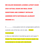 MN SALON MANAGER LICENSE LATEST EXAM 2024 ACTUAL EXAM 200 REAL EXAM QUESTIONS AND CORRECT DETAILED ANSWERS WITH RATIONALES (ALREADY GRADED A+)
