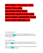 ATI, TEAS 7 Reading / ATI,  TEAS 7 Reading EXAMINATION WELL  WRITTEN QUESTIONS AND  EXPLAINED ANSWERS YEAR  2024 /2025 GRADED A+