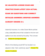 NC ADJUSTER LICENSE EXAM AND PRACTICE EXAM LATEST 2024 ACTUAL EXAM 200 QUESTIONS AND CORRECT DETAILED ANSWERS (VERIFIED ANSWERS ALREADY GRADED A+)