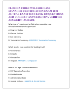 FLORIDA CHILD WELFARE CASE  MANAGER CERTIFICATION EXAM 2024  ACTUAL EXAM TEST BANK 200 QUESTIONS  AND CORRECT ANSWERS (100% VERIFIED  ANSWERS) |AGRADE 