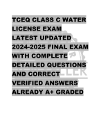 TCEQ CLASS C WATER  LICENSE EXAM LATEST UPDATED  2024-2025 FINAL EXAM  WITH COMPLETE  DETAILED QUESTIONS  AND CORRECT  VERIFIED ANSWERS  ALREADY A+ GRADED