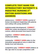 COMPLETE TEST BANK FOR  INTRODUCTORY MATERNITY &  PEDIATRIC NURSING 8TH EDITION QUESTIONS AND  ANSWERS