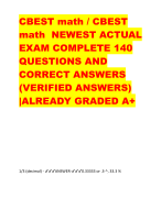 CBEST math / CBEST  math NEWEST ACTUAL  EXAM COMPLETE 140  QUESTIONS AND  CORRECT ANSWERS  (VERIFIED ANSWERS)  |ALREADY GRADED A+