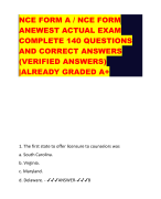 NCE FORM A / NCE FORM  ANEWEST ACTUAL EXAM  COMPLETE 140 QUESTIONS  AND CORRECT ANSWERS  (VERIFIED ANSWERS)  |ALREADY GRADED A+