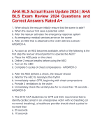 AHA BLS Actual Exam Update 2024 | AHA  BLS Exam Review 2024 Questions and  Correct Answers Rated A+ | Verified AHA BLS Exam 2024  Quiz with Accurate Solutions Aranking Allpass