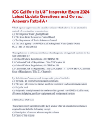 ICC California UST Inspector Exam 2024  Latest Update Questions and Correct  Answers Rated A+ | Certified ICC California UST Inspector Actual Exam 2024 Quiz with Accurate Solutions Aranking Allpass