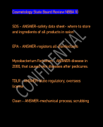 Cosmetology State Board Review NBBA 10 SDS - ANSWER-safety data sheet- where to store  and ingredients of all products in salon EPA - ANSWER-registers all disinfectants Mycobacterium Fortuitum - ANSWER-disease in  2000, that caused skin diseases after pedicures.