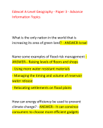 Edexcel A-Level Geography - Paper 3 - Advance Information Topics      What is the only nation in the world that is increasing its area of green land? - ANSWER-Israel    Name some examples of flood risk management - ANSWER-- Raising levels of floors and shops  - Using more water resistant materials  - Managing the timing and volume of reservoir water release  - Relocating settlements on flood plains 