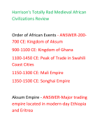 Harrison's Totally Rad Medieval African Civilizations Review    Order of African Events - ANSWER-200700 CE: Kingdom of Aksum  900-1100 CE: Kingdom of Ghana  1100-1450 CE: Peak of Trade in Swahili Coast Cities  1150-1300 CE: Mali Empire  1350-1500 CE: Songhai Empire    Aksum Empire - ANSWER-Major trading empire located in modern-day Ethiopia and Eritrea