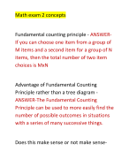 Math exam 2 concepts    Fundamental counting principle - ANSWERIf you can choose one item from a group of M items and a second item for a group of N items, then the total number of two item choices is MxN    Advantage of Fundamental Counting Principle rather than a tree diagram - ANSWER-The Fundamental Counting Principle can be used to more easily find the number of possible outcomes in situations with a series of many successive things.   