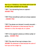 Math Exam 2*/DOSECALC SOLUTIONS MATH EXAM FOR ATI MED SURG (ANSWER KEY INCLUDED) T OR F : Two intersecting lines are coplanar. - ANSWER-TRUE    T OR F: Three noncollinear points are always coplanar. - ANSWER-TRUE    T OR F: Two planes can intersect in exactly one point. - ANSWER-The statement is false because they can intersect in a line, the empty set, or a plane.   