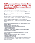 CLEP American History 1 Actual Exam Update 2024 | American History Clep  Exam Latest 2024 Questions and Correct  Answers Rated A+ | Verified CLEP American History 1 ActualExam 2024-2025 Quiz with Accurate Solutions Aranking Allpassl'