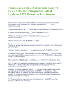 Florida Laws & Rules Chiropractic Board /Fl  Laws & Rules Chiropractic Latest  Updates 2023 Question And Answer. Each licensee shall provide written notification by mail or by electronic means with  confirmation to the Department of a change of address within ______ days - ANSWER>>>>>30 The application fee shall be _____ which shall be nonrefundable - ANSWER>>>>>$100 A license must be renewed every ___ years? - ANSWER>>>>>2 The fee for biennial renewal of a chiropractic license is _______? - ANSWER>>>>>$350 The initial licensure fee is? - ANSWER>>>>>$350 The fee for inactive status is?  The fee for renewal of an inactive license? - ANSWER>>>>>$250 & $250 ($500 total if  you let is lapse) You have to be over the age of ____ to apply for a license? - ANSWER>>>>>18 If graduated before July 1, 2000 graduate must have completed ____ years of college  work, after July 1, 2000, graduate must have _________? - ANSWER>>>>>3 years (90  credits), bachelor's degree Must pass which NBCE boards? - ANSWER>>>>>I, II, III, IV, PT & FL Laws & Rules If it's 10 years since graduation before application, applicant must sit for which exam? - ANSWER>>>>>National Board of Chiropractic Examiners Special Purposes  Examination for Chiropractic Applicant will receive notification within ______ working days to applicants who have  successfully completed the requirements. - ANSWER>>>>>5 (Can use written  notification shall act as evidence of licensure entitling the chiropractic physician to  practice for a maximum period of 45 days or until the licensing fee is received by the  department whichever is sooner)