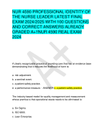 NUR 4590 PROFESSIONAL IDENTITY OF  THE NURSE LEADER LATEST FINAL  EXAM 2024/2025 WITH 100 QUESTIONS  AND CORRECT ANSWERS ALREADY  GRADED A+!!NUR 4590 REAL EXAM  2024