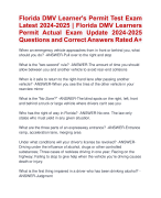 Florida DMV Learner's Permit Test Exam Latest 2024-2025 | Florida DMV Learners  Permit Actual Exam Update 2024-2025  Questions and Correct Answers Rated A+ | Verified Florida DMV Learner's Permit ActualExam 2024-2025 Quiz with Accurate Solutions Aranking Allpassn' 