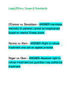 Legal/Ethics, Scope & Standards      O'Connor vs. Donaldson - ANSWER-harmless mentally ill patients cannot be hospitalized based on mental illness alone.    Rennie vs. Klein - ANSWER-Right to refuse treatment and use an appeal process 