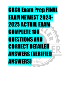 CRCR Exam Prep FINAL  EXAM NEWEST 2024- 2025 ACTUAL EXAM  COMPLETE 180  QUESTIONS AND  CORRECT DETAILED  ANSWERS (VERIFIED  ANSWERS)