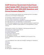 CLEP American Government Actual Exam  Latest Update 2024 | American Government  Clep Exam Latest 2024-2025 Questions and  Correct Answers Rated A+ | Verified CLEP American Government  Exam LatestUpdate 2024-2025 Quiz with Accurate Solutions Aranking Allpass'