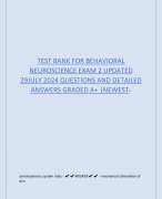TEST BANK FOR BEHAVIORAL NEUROSCIENCE EXAM 2 UPDATED 29JULY 2024 QUESTIONS AND DETAILED ANSWERS GRADED A+ |NEWEST!!
