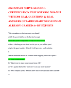 2024 SMART SERVE ALCOHOL CERTIFICATION TEST ONTARIO 2024-2025 WITH 300 REAL QUESTIONS & REAL ANSWERS ONTARIO SMART SERVE EXAM ALREADY GRADED A+ BY EXPERTS 