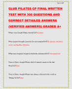 CLUB PILATES CP FINAL WRITTEN TEST WITH 300 QUESTIONS AND CORRECT DETAILED ANSWERS (VERIFIED ANSWERS) GRADED A+