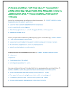 PHYSICAL EXAMINATION AND HEALTH ASSESSMENT  FINAL EXAM 2024 QUESTIONS AND ANSWERS / HEALTH  ASSESSMENT AND PHYSICAL EXAMINATION LATEST  VERSION