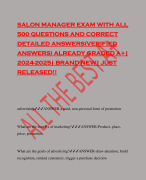 SALON MANAGER EXAM WITH ALL 500 QUESTIONS AND CORRECT DETAILED ANSWERS(VERIFIED ANSWERS) ALREADY GRADED A+| 2024-2025| BRAND NEW| JUST RELEASED!!