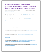 IDAHO DRIVERS LICENSE 2024 EXAM 100+ QUESTIONS WITH DETAILED VERIFIED SOLUTIONS  WITH RATIONALES NEW!!/A+ GRADE ASSURED