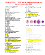 IMMUNOLOGY – TEST BANK For Exam Questions and  Correct Answers 2024|2025