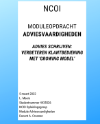Geslaagde module Adviesvaardigheden - Maart 2022 - Eindcijfer 9 met feedback - GROWING model adviestraject bank klantverbetering